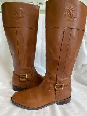 Lauren Ralph Lauren Cognac Leather Bernadine Riding Boots, Women’s Size 10B